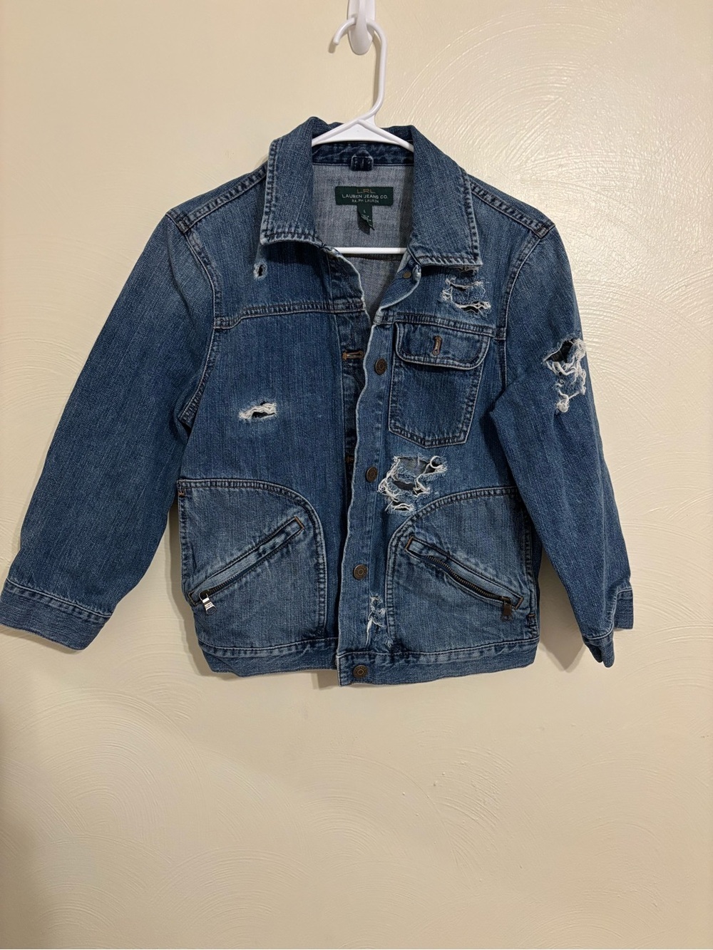 Lauren Jeans Co Ralph Lauren Distressed Denim Jacket Large Zip Pocket Trucker
